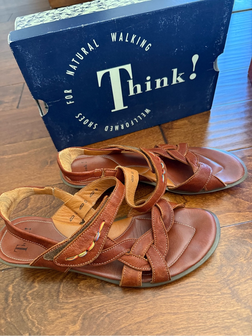 Think! Brown Braided Leather Hook-and-Loop Sandals